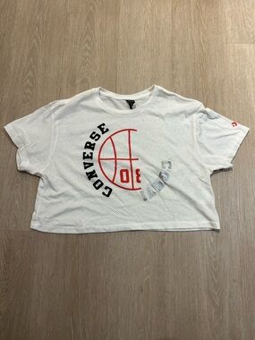 Converse White Mesh Crop Tee with Red Basketball Graphic